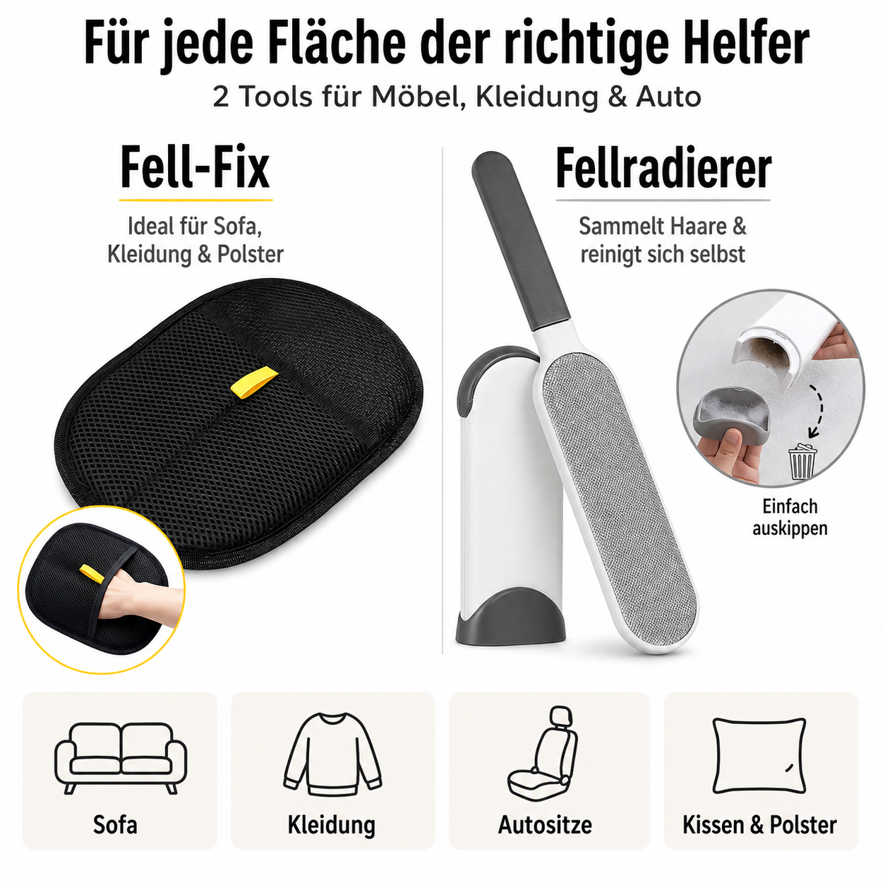 Fellfrei Zuhause Set – Tierhaarentferner für Möbel, Kleidung & Auto