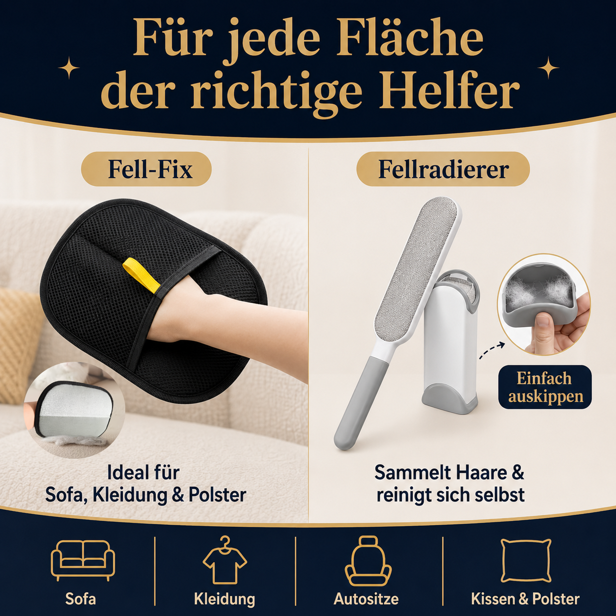 Fellfrei Zuhause Set – Tierhaarentferner für Möbel, Kleidung & Auto